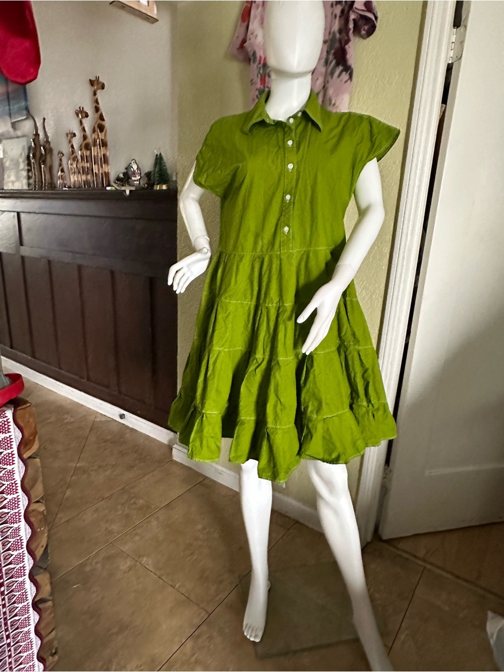 See By Chloé Olive Green Short-Sleeve Tiered Mini Dress